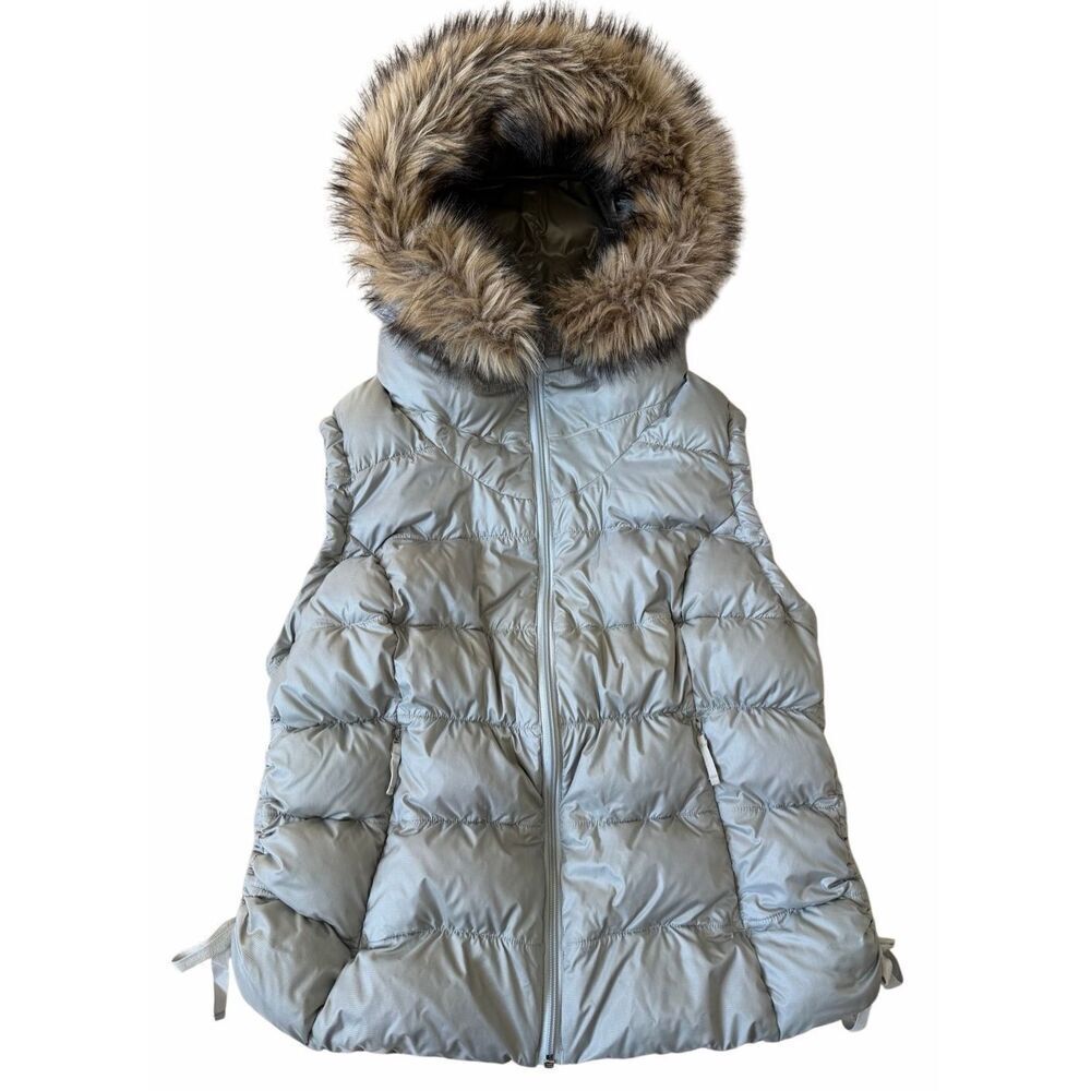 Eddie Bauer Vest Goose Down 550 Puffy Full Zip Faux Fur Hood Gray size Small